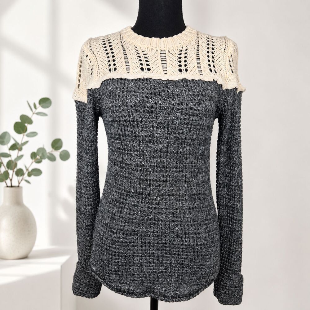 Free People Chunky Knit Colorblock Sweater Marled Crochet Boho Edwardian